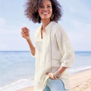 Soft Surroundings Gauze Cotton Crochet 3/4 Balloon Sleeve Cream Ivory Plus 3X